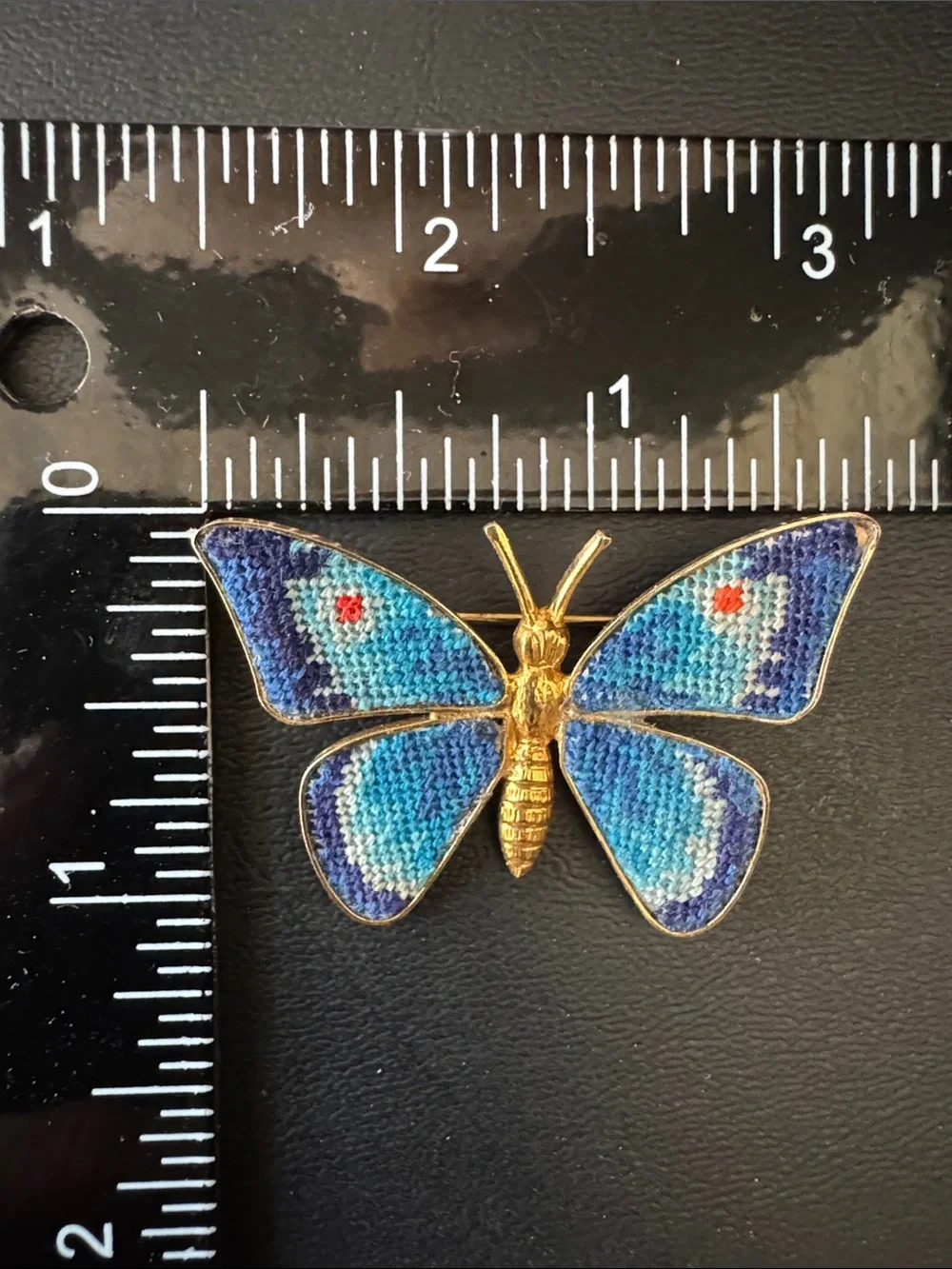 VTG Petit Point Blue Butterfly Brooch Pin - Unsigned Mid-Century Art